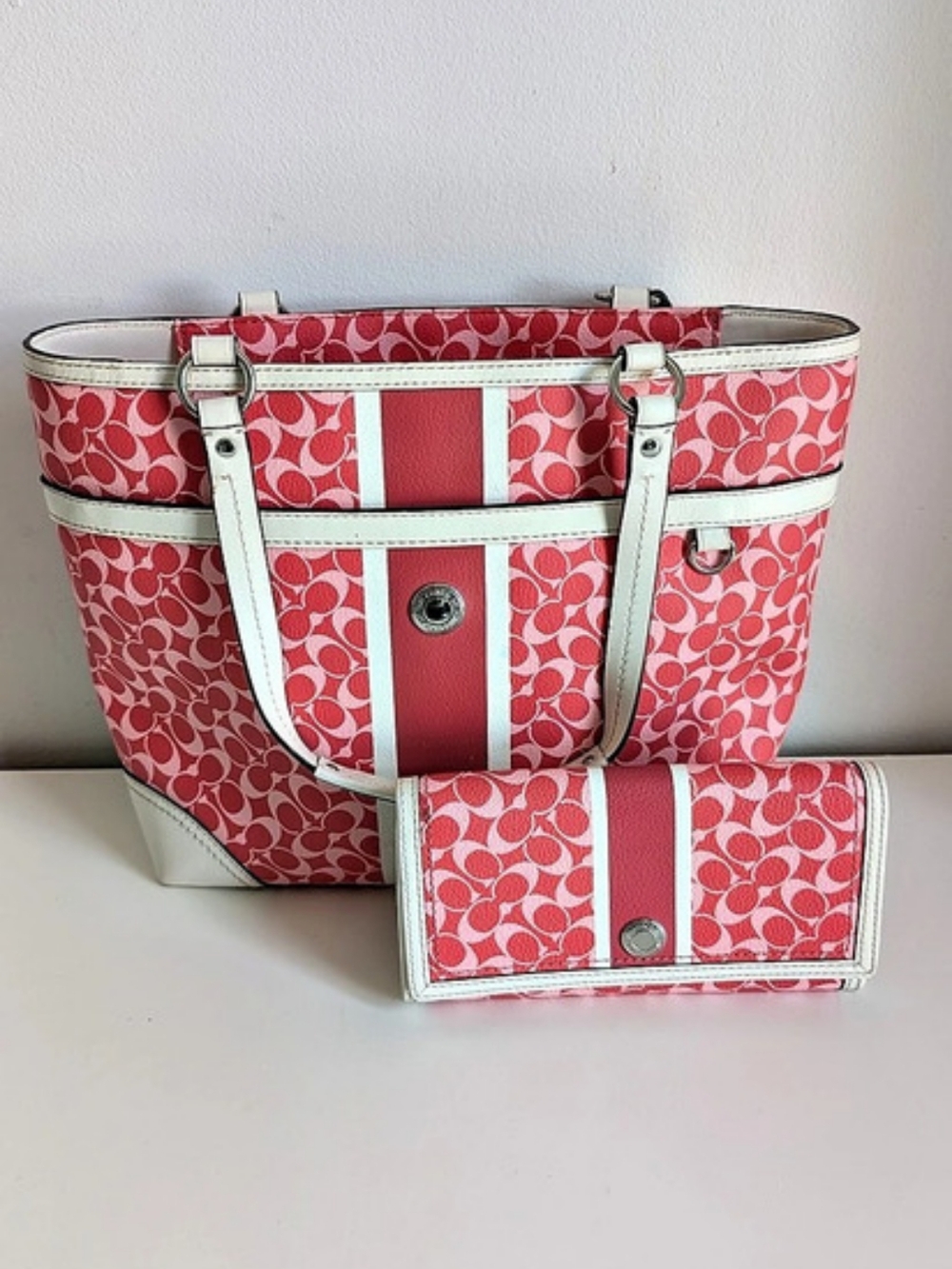 Coach Signature Jacquard Tote Signature Tote Pink & White With Matching Wallet